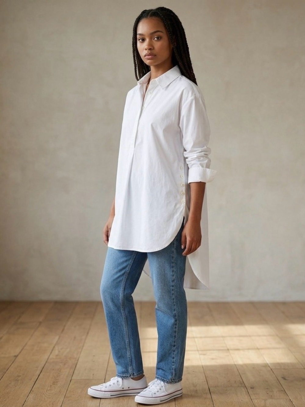 Anthropologie White Long Button-Back Tunic